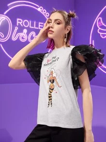 Amy Fitz Art 標語和人物圖案蝴蝶袖上衣 - 淺灰色 - 查看 4