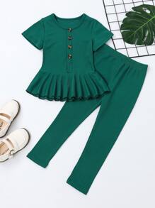 SHEIN Elladie kids Young Girl Rib Knit Fake Button Peplum Tee & Pants - Dark Green - View 1
