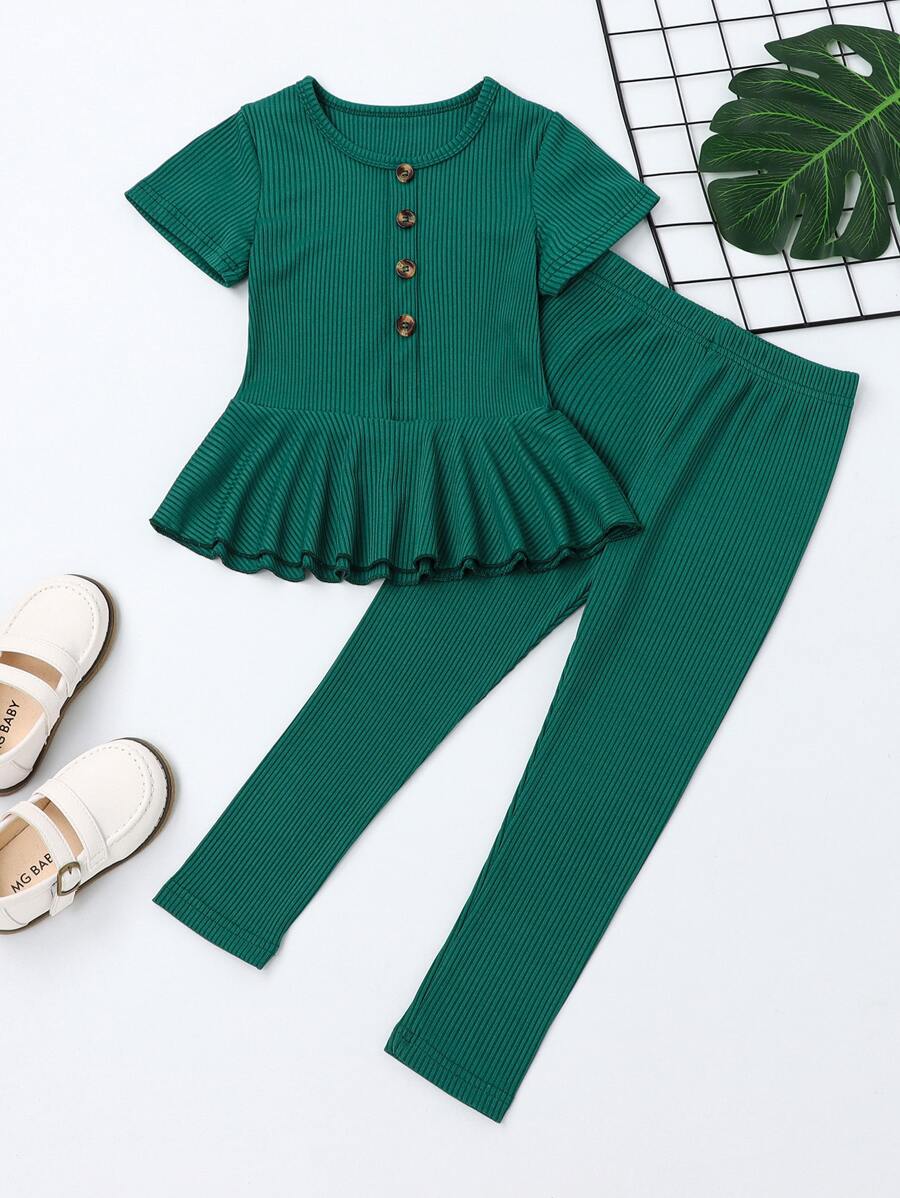 SHEIN Elladie kids Young Girl Rib Knit Fake Button Peplum Tee & Pants - Dark Green - View 1