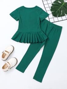 SHEIN Elladie kids Young Girl Rib Knit Fake Button Peplum Tee & Pants - Dark Green - View 2