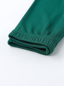 SHEIN Elladie kids Young Girl Rib Knit Fake Button Peplum Tee & Pants - Dark Green - View 3