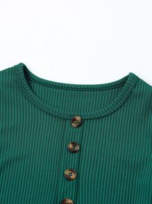 SHEIN Elladie kids Young Girl Rib Knit Fake Button Peplum Tee & Pants - Dark Green - View 5