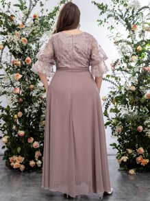 SHEIN Belle 大碼刺繡網紗荷葉袖腰帶超長雪紡連衣裙