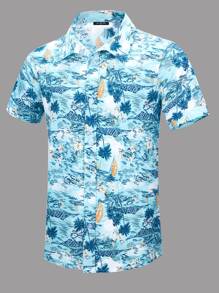 Hombres Camisa barco & con estampado de árbol de coco con botón