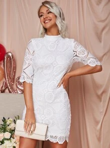 Eilly Bazar Stand Collar Guipure Lace Fitted Lace Dress - White - View 1