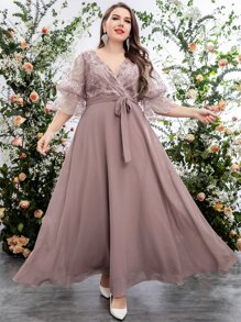 SHEIN Belle 大碼刺繡網紗荷葉袖腰帶超長雪紡連衣裙