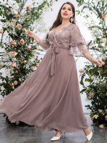 SHEIN Belle 大碼刺繡網紗荷葉袖腰帶超長雪紡連衣裙