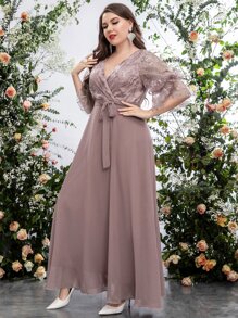 SHEIN Belle 大碼刺繡網紗荷葉袖腰帶超長雪紡連衣裙