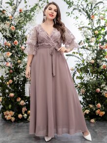 SHEIN Belle 大碼刺繡網紗荷葉袖腰帶超長雪紡連衣裙