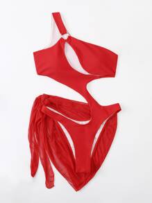 Swim SXY 2 件套女士纯色露肩镂空性感连体泳衣带罩衫裙，2025 年夏季 - 紅色 - 查看 6