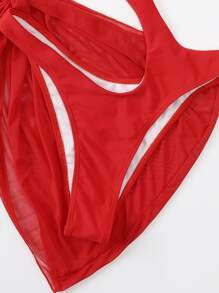Swim SXY 2 件套女士纯色露肩镂空性感连体泳衣带罩衫裙，2025 年夏季 - 紅色 - 查看 7