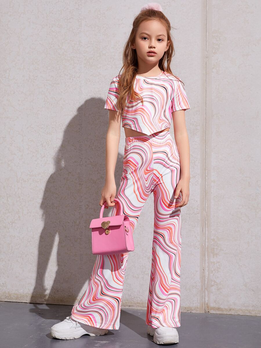 SHEIN Leap Crew 少女大理石印花鉤邊上衣和喇叭褲