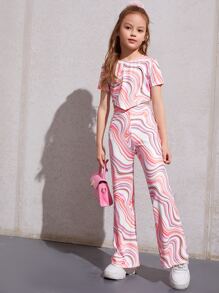 SHEIN Leap Crew 少女大理石印花鉤邊上衣和喇叭褲