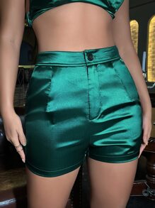 SHEIN SXY 高腰斜插口袋緞面短褲 - 墨綠色 - 查看 3