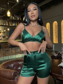 SHEIN SXY 高腰斜插口袋緞面短褲 - 墨綠色 - 查看 5