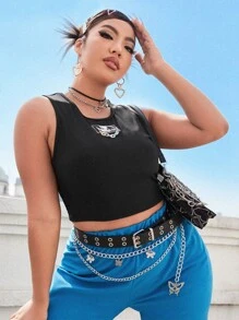 Áo hai dây Plus Size Chuỗi Đắp vá Lá thư Giải trí - màu đen - Xem 1