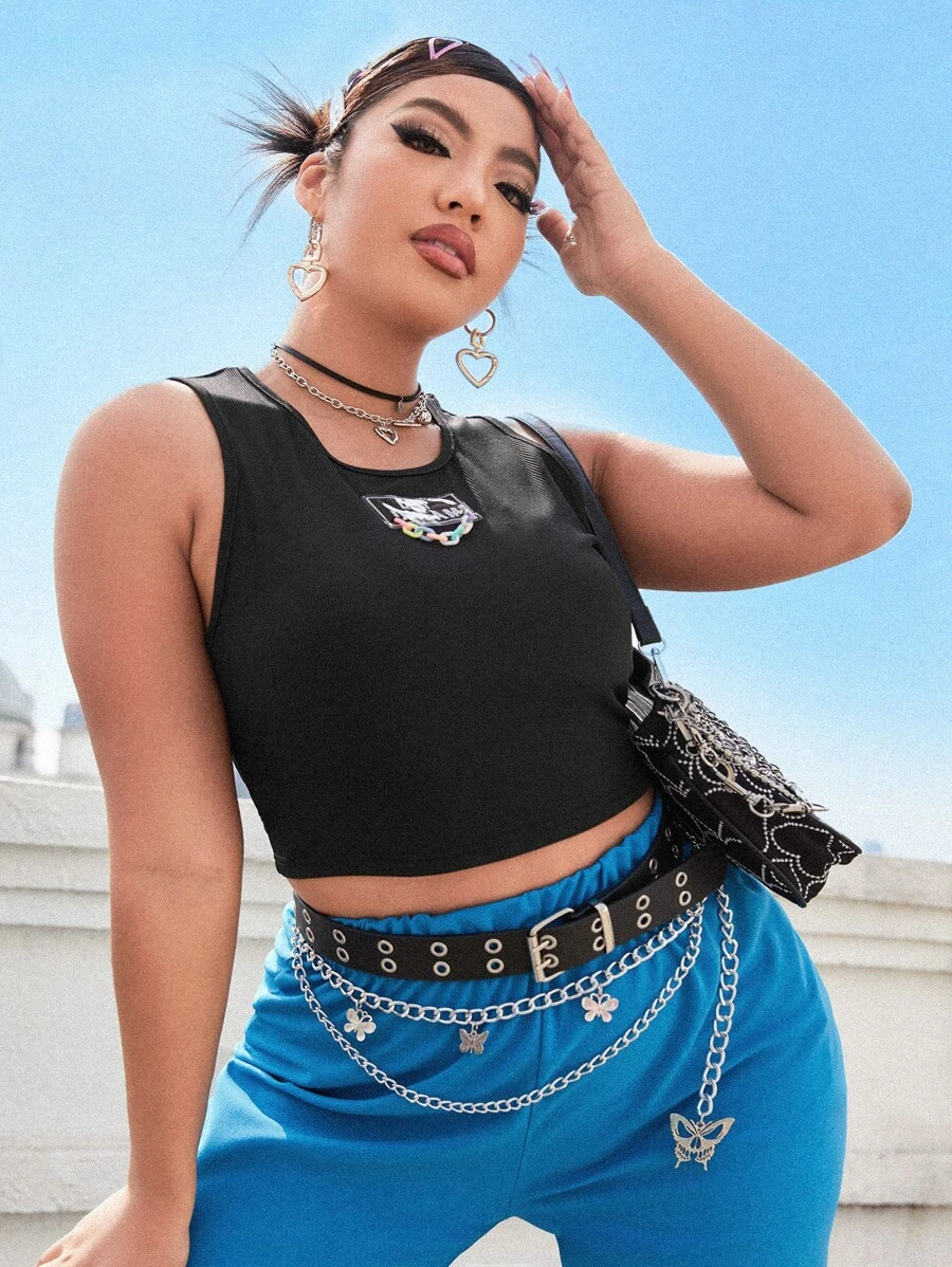 Áo hai dây Plus Size Chuỗi Đắp vá Lá thư Giải trí - màu đen - Xem 1