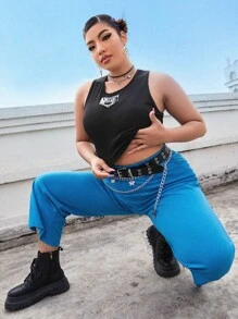 Áo hai dây Plus Size Chuỗi Đắp vá Lá thư Giải trí - màu đen - Xem 3