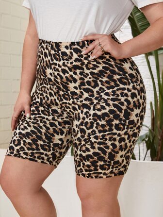 SHEIN Privé 大碼豹紋印花騎行褲