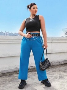 Áo hai dây Plus Size Chuỗi Đắp vá Lá thư Giải trí - màu đen - Xem 4