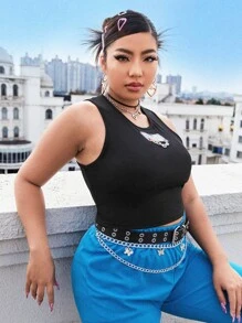 Áo hai dây Plus Size Chuỗi Đắp vá Lá thư Giải trí - màu đen - Xem 5