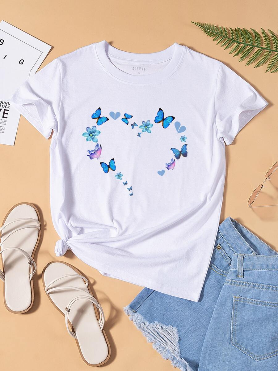 SHEIN LUNE Heart & Butterfly Print Tee - White - View 1