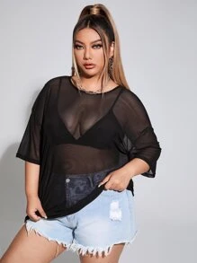 SHEIN Allurite Top de hombros caídos transparente de malla sin sujetador - Negro - Ver 1