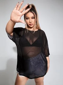 SHEIN Allurite Top de hombros caídos transparente de malla sin sujetador - Negro - Ver 4