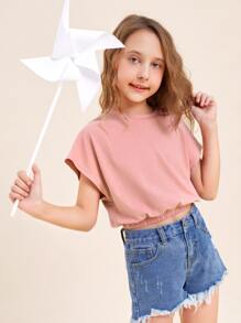 SHEIN Girls Cotton Solid Batwing Sleeve Top - Dusty Pink - View 4