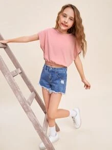 SHEIN Girls Cotton Solid Batwing Sleeve Top - Dusty Pink - View 5