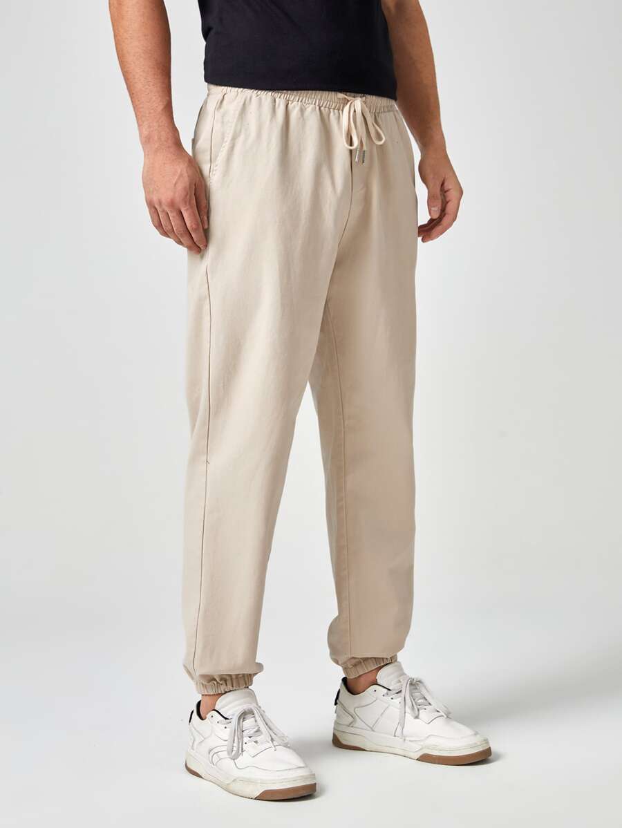 Manfinity 男士腰部抽繩蘿蔔褲 - 米色 - 查看 1