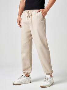 Manfinity 男士腰部抽繩蘿蔔褲 - 米色 - 查看 3