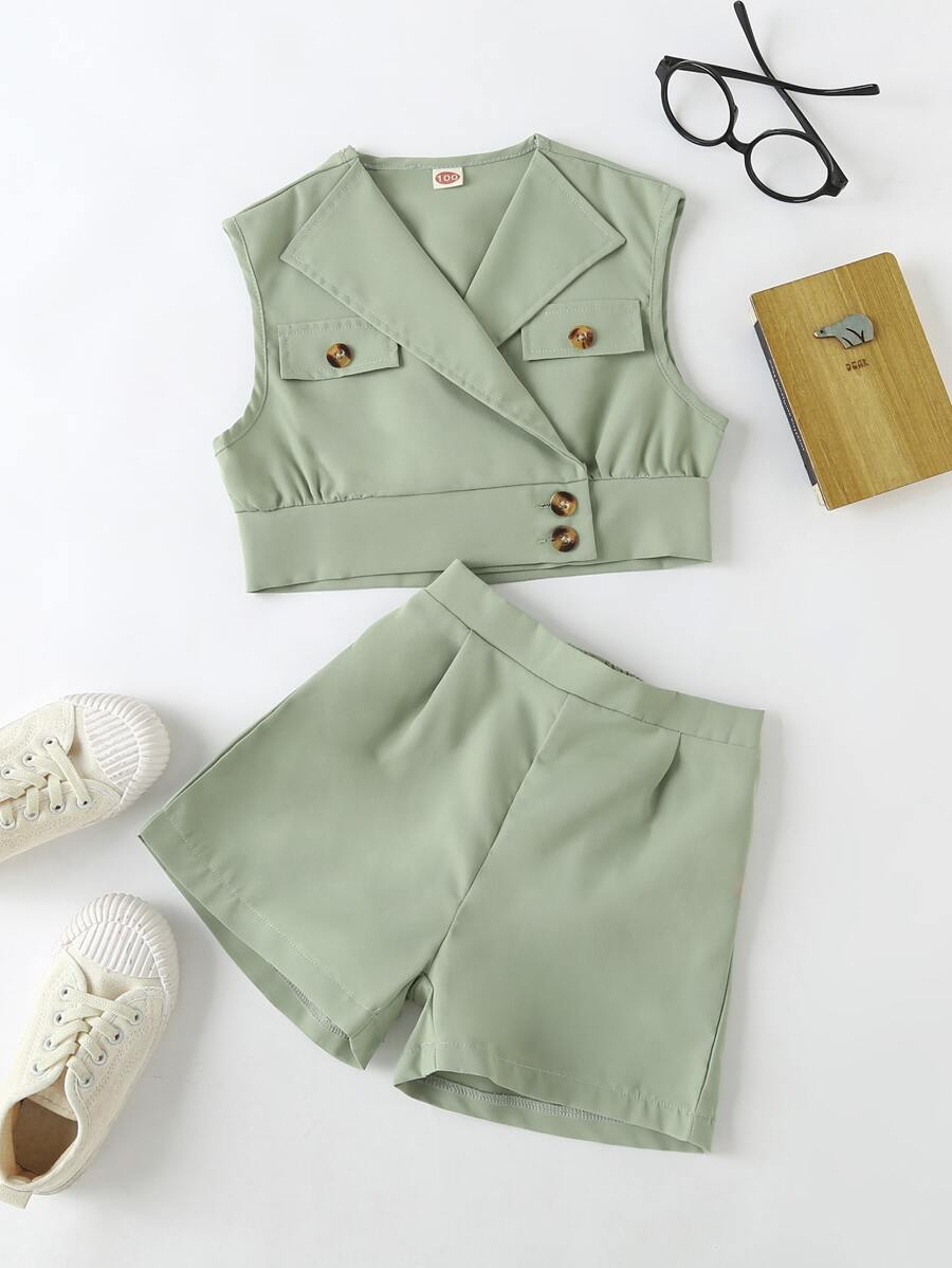 小女童翻蓋細節襯衫和短褲 - 薄荷綠 - 查看 1