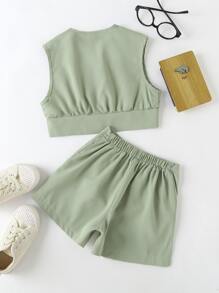 小女童翻蓋細節襯衫和短褲 - 薄荷綠 - 查看 2