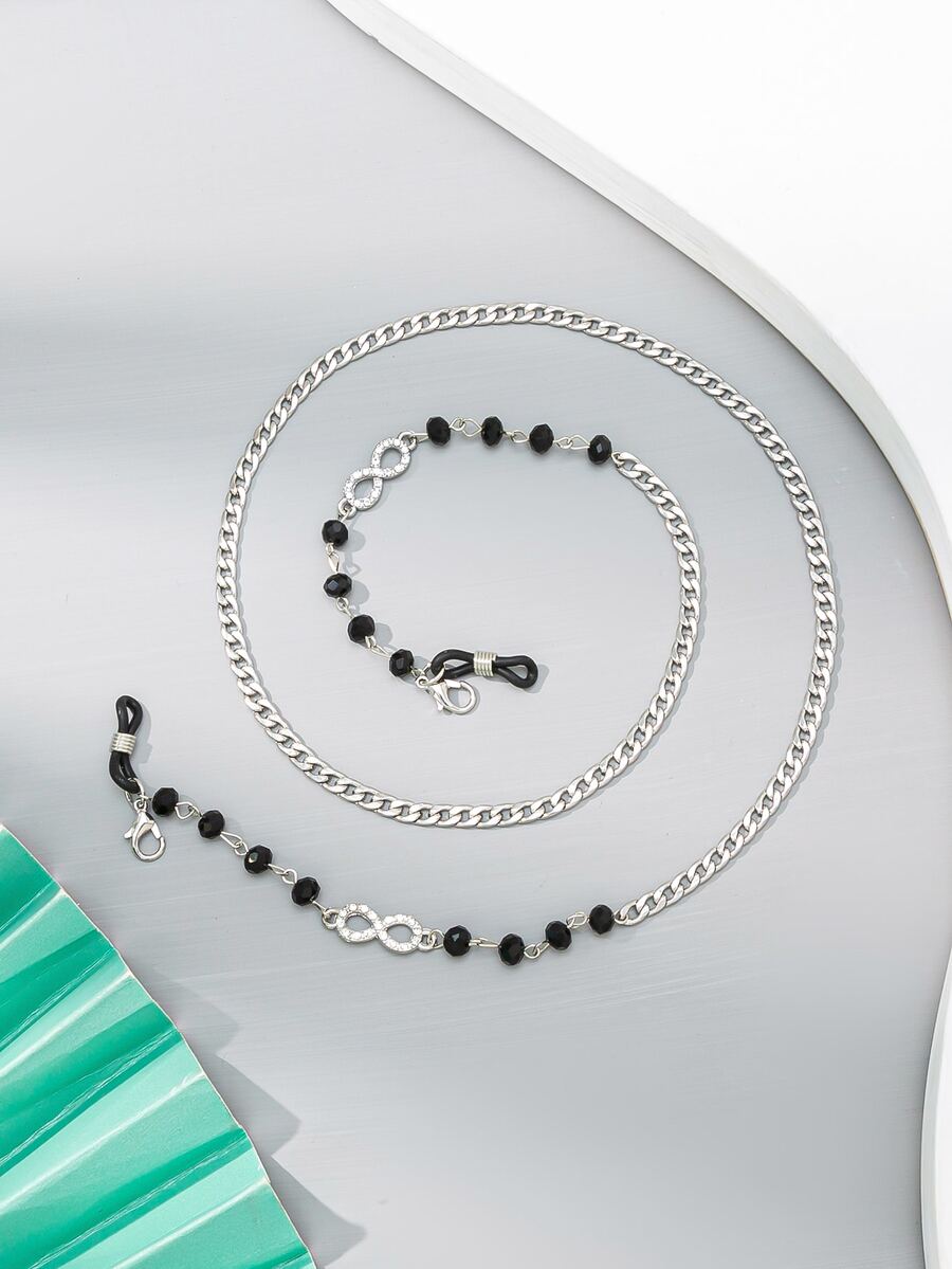 Cadena de mascarilla con diamante de imitación con diseño de infinito - Negro - Ver 1