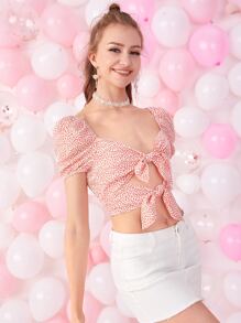 SHEIN Unity Allover Heart Print Tie Front Crop Top - Multicolor - View 4