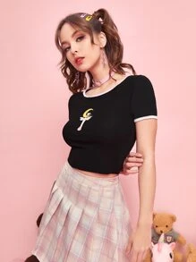 ROMWE Kawaii Áo thun nữ Tương phản ràng buộc Đồ họa Giải trí - màu đen - Xem 4