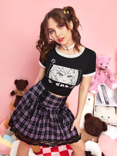 Anime Comic Graphic Contrast Binding Crop Tee, School