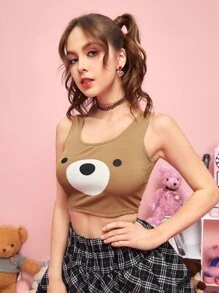 ROMWE Kawaii Bear Graphic Crop Tank - Brown - View 4