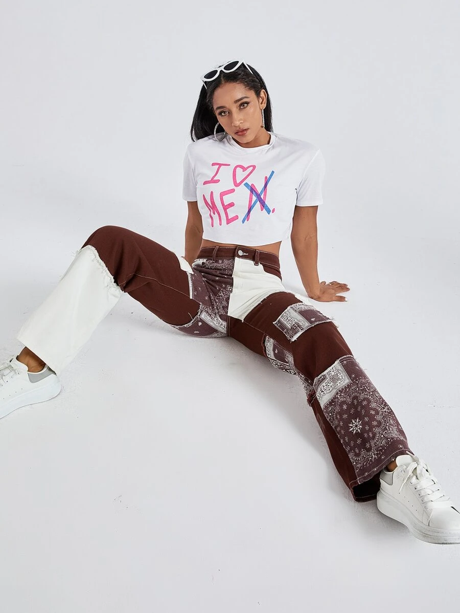 Paisley Print Patchwork Print Boyfriend Jeans - Coffee Brown - View 1