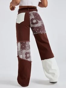 Paisley Print Patchwork Print Boyfriend Jeans - Coffee Brown - View 2