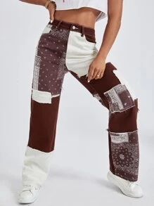 Paisley Print Patchwork Print Boyfriend Jeans - Coffee Brown - View 3