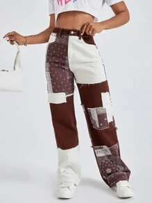 Paisley Print Patchwork Print Boyfriend Jeans - Coffee Brown - View 4