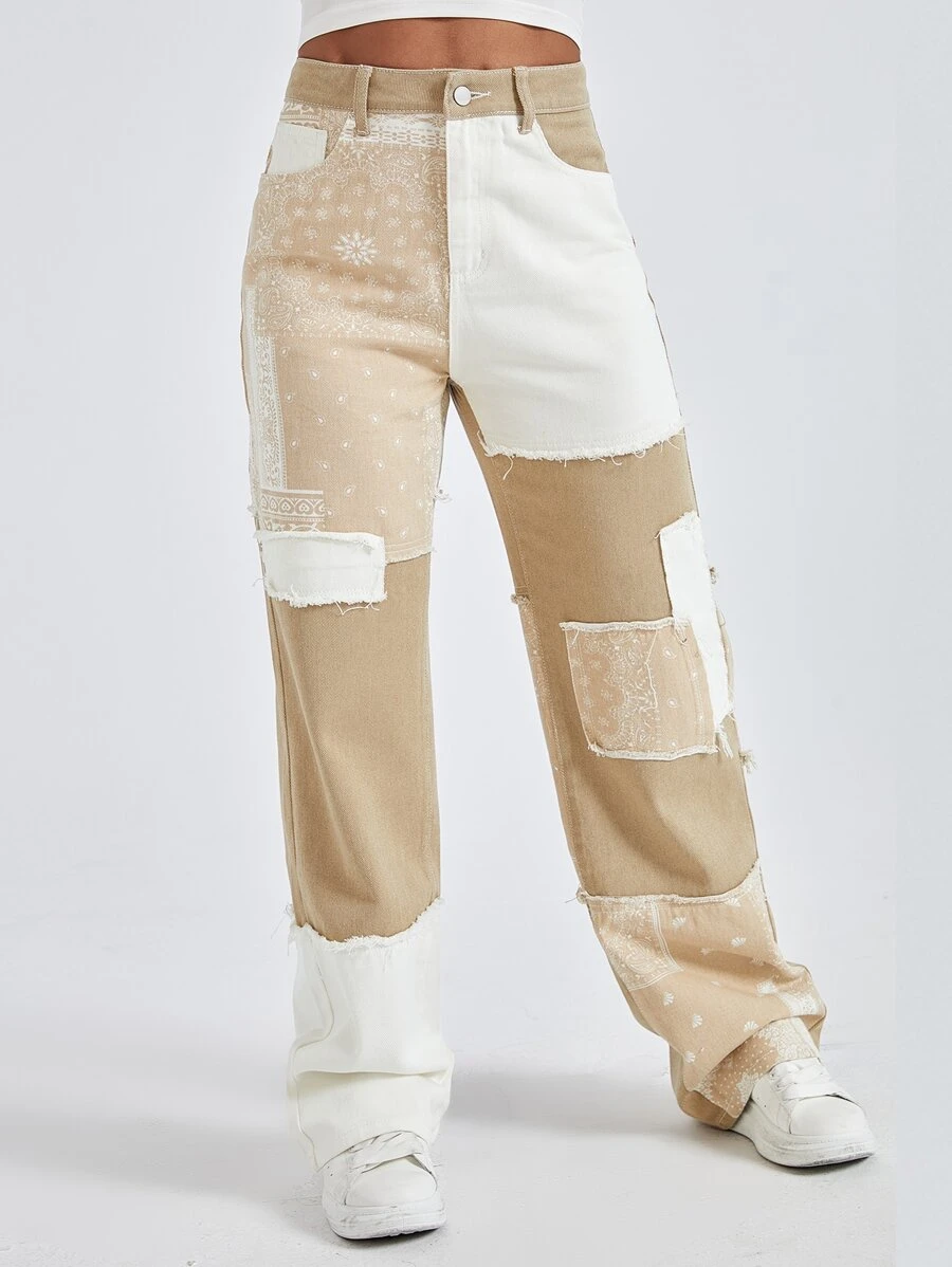 Jeans tipo boyfriend con estampado de paisley con estampado de retazo - Multicolor - Ver 1