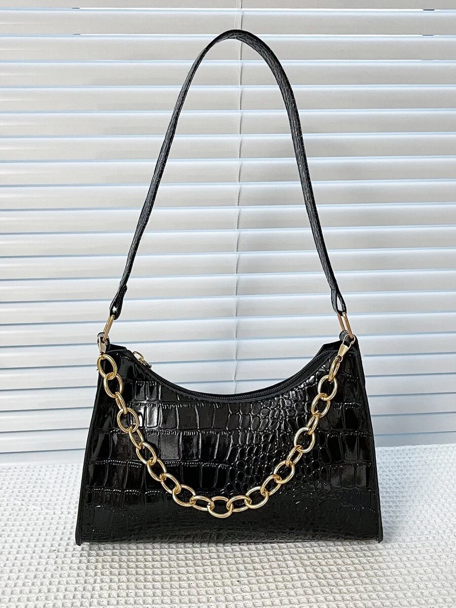 Bolso baguette de cocodrilo en relieve con cadena - Negro - Ver 1