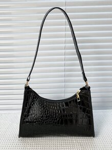 Bolso baguette de cocodrilo en relieve con cadena - Negro - Ver 2