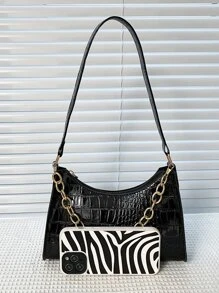Bolso baguette de cocodrilo en relieve con cadena - Negro - Ver 3