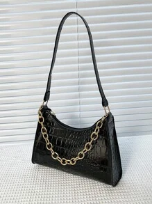 Bolso baguette de cocodrilo en relieve con cadena - Negro - Ver 6