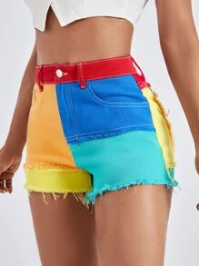 SHEIN EZwear Quần short denim nữ Nút Túi Hem thô Dây kéo Khối Màu - Nhiều màu - Xem 2