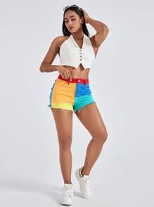 SHEIN EZwear Quần short denim nữ Nút Túi Hem thô Dây kéo Khối Màu - Nhiều màu - Xem 4